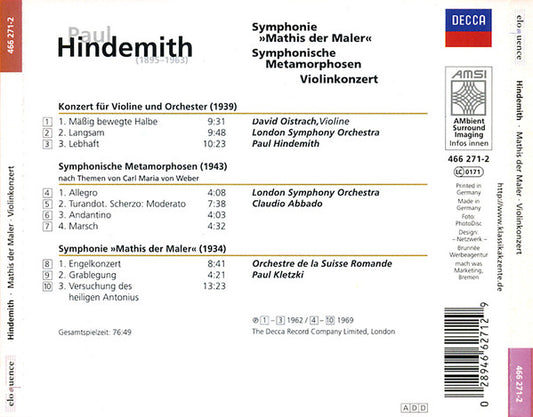 Paul Hindemith - London Symphony Orchestra, Claudio Abbado, Paul Kletzki : Symphonie »Mathis Der Maler« / Symphonische Metamorphosen / Violinkonzert (CD, Comp, RE)