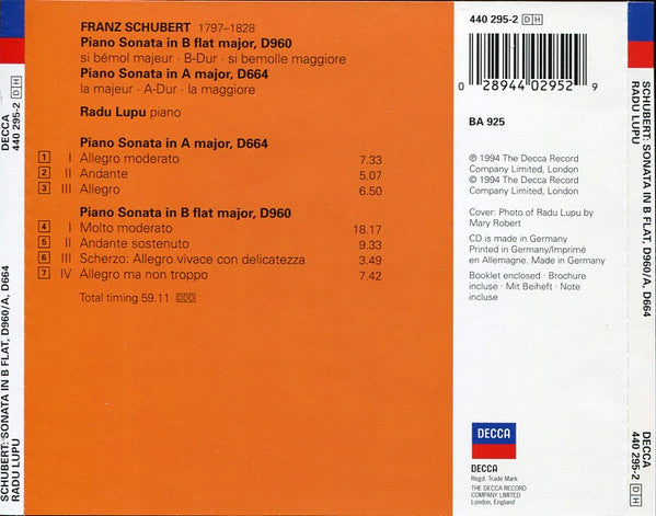 Franz Schubert, Radu Lupu : Piano Sonatas D960 & D664 (CD, Album, RM, ADR)