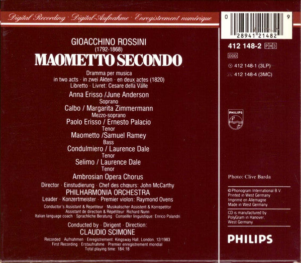 Gioacchino Rossini : June Anderson, Margarita Zimmermann, Ernesto Palacio, Laurence Dale, Philharmonia Orchestra, Claudio Scimone : Maometto Secondo (3xCD + Box)