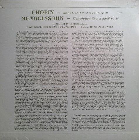 Frédéric Chopin, Felix Mendelssohn-Bartholdy, Menahem Pressler Mit Orchester Der Wiener Staatsoper Conducted By Hans Swarowsky : Klavierkonzert No.2 In F-moll / Klavierkonzert No.1 In G-moll (LP, Mono)