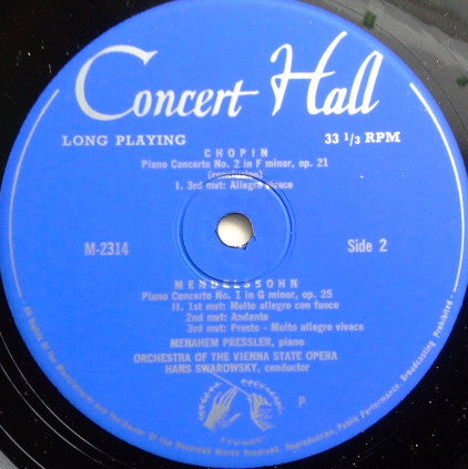 Frédéric Chopin, Felix Mendelssohn-Bartholdy, Menahem Pressler Mit Orchester Der Wiener Staatsoper Conducted By Hans Swarowsky : Klavierkonzert No.2 In F-moll / Klavierkonzert No.1 In G-moll (LP, Mono)