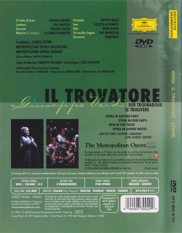 Giuseppe Verdi / Éva Marton, Dolora Zajick, Luciano Pavarotti, Sherrill Milnes, Metropolitan Opera Chorus And The Metropolitan Opera House Orchestra, James Levine (2) : Il Trovatore (DVD-V, NTSC, Dig)