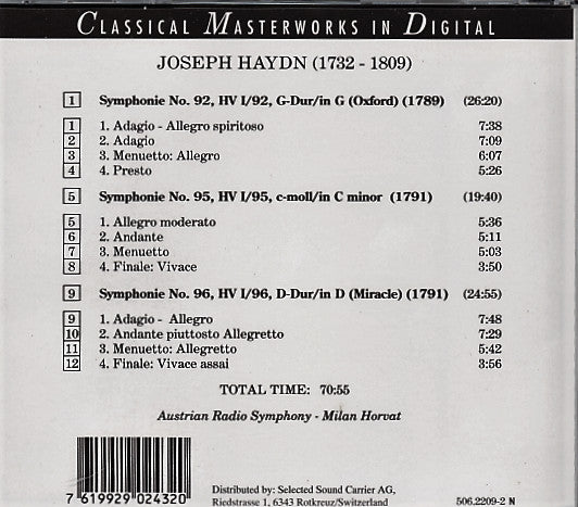 Joseph Haydn, ORF Symphonieorchester, Milan Horvat : Symphonien: No. 92 HV I/92, G-Dur/ In G (Oxford), No. 95, HV I/95, C-Moll/ In C Minor, No. 96, HV I/96, D-Mur/ In D (Miracle) (CD)