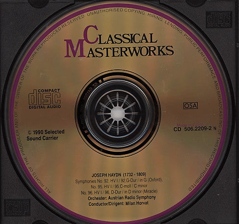 Joseph Haydn, ORF Symphonieorchester, Milan Horvat : Symphonien: No. 92 HV I/92, G-Dur/ In G (Oxford), No. 95, HV I/95, C-Moll/ In C Minor, No. 96, HV I/96, D-Mur/ In D (Miracle) (CD)