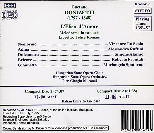 Gaetano Donizetti, Vincenzo La Scola, Alessandra Ruffini, Simone Alaimo, Roberto Frontali, Mariangela Spotorno, Hungarian State Opera Choir, Hungarian State Opera Orchestra, Pier Giorgio Morandi : L'Elisir D'Amore (2xCD, Box)