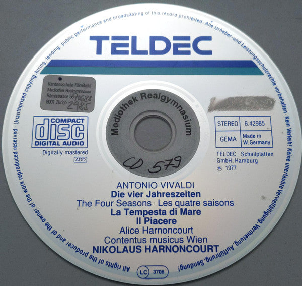 Antonio Vivaldi –  Alice Harnoncourt, Concentus Musicus Wien, Nikolaus Harnoncourt : Die Vier Jahreszeiten = The Four Seasons = Les Quatre Saisons / La Tempesta Di Mare / Il Piacere (CD, RE, RM)