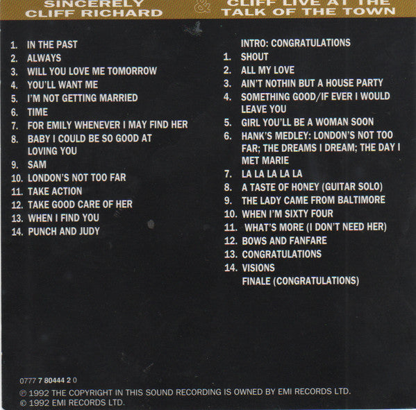Cliff Richard : Cliff Richard CD Collection CD 11 Sincerely(1969) & Live At The Talk Of The Town (2xCD, Comp, RM)