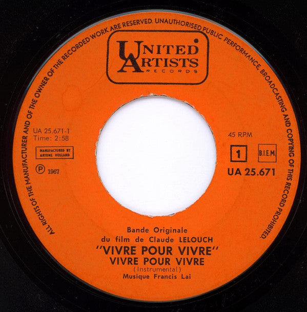 Francis Lai : Vivre Pour Vivre - Bande Originale Du Film (7", Single)