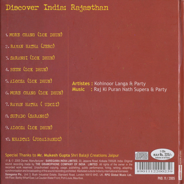 Kohinoor Khan : Discover India: Rajasthan (CD, Album)