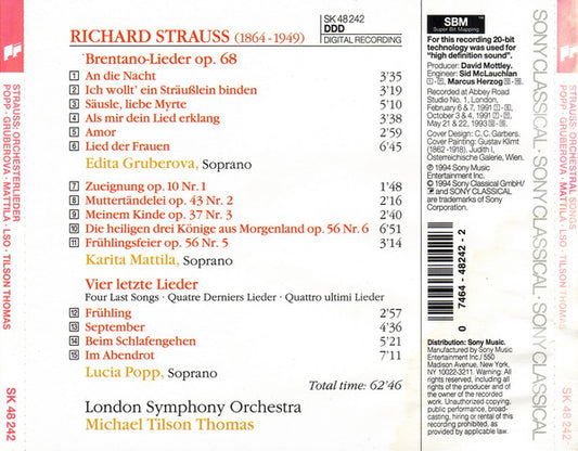 Richard Strauss, Lucia Popp, Edita Gruberova, Karita Mattila, London Symphony Orchestra, Michael Tilson Thomas : Vier Letze Lieder = "Four Last Songs" / Brentano-Lieder / Orchesterlieder (CD)