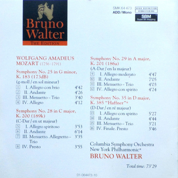 Wolfgang Amadeus Mozart – Bruno Walter, Columbia Symphony Orchestra, New York Philharmonic : Symphonies Nos. 25, 28, 29 & 35 “Haffner” (CD, Comp, Mono)