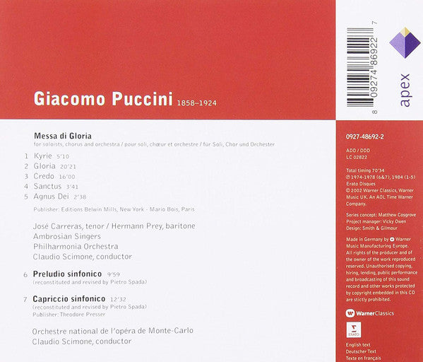 Giacomo Puccini - José Carreras, Hermann Prey, The Ambrosian Singers, Philharmonia Orchestra, Orchestre National De L'Opéra De Monte-Carlo, Claudio Scimone : Messa Di Gloria / Preludio Sinfonico / Capriccio Sinfonico (CD, RE)