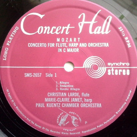 Wolfgang Amadeus Mozart / Orchestre De Chambre Paul Kuentz : Concerto Pour Flute Et Harpe (LP)