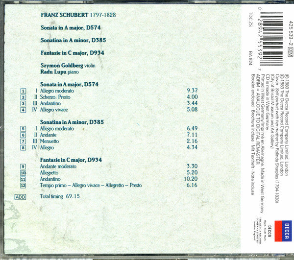 Franz Schubert, Radu Lupu, Szymon Goldberg : Sonata D.574, Sonatina D.385, Fantasie D.934 (CD, RE, RM)
