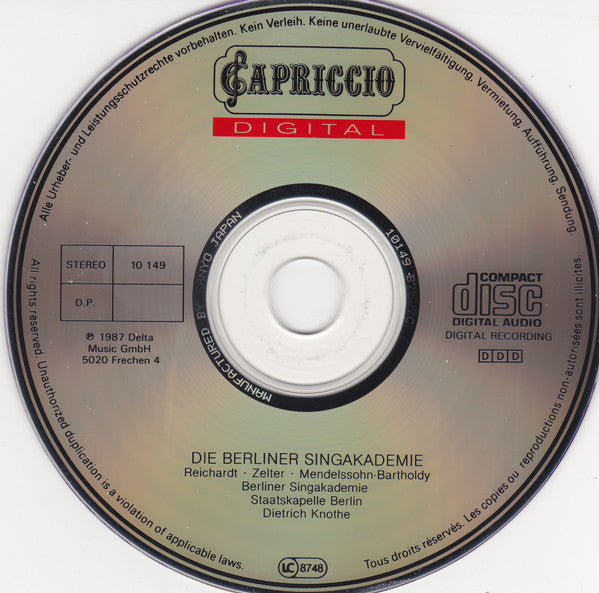 Johann Friedrich Reichardt, Carl Friedrich Zelter, Felix Mendelssohn-Bartholdy - Berliner Singakademie : Miltons Morgengesang / Johanna Sebus / Magnificat (CD)
