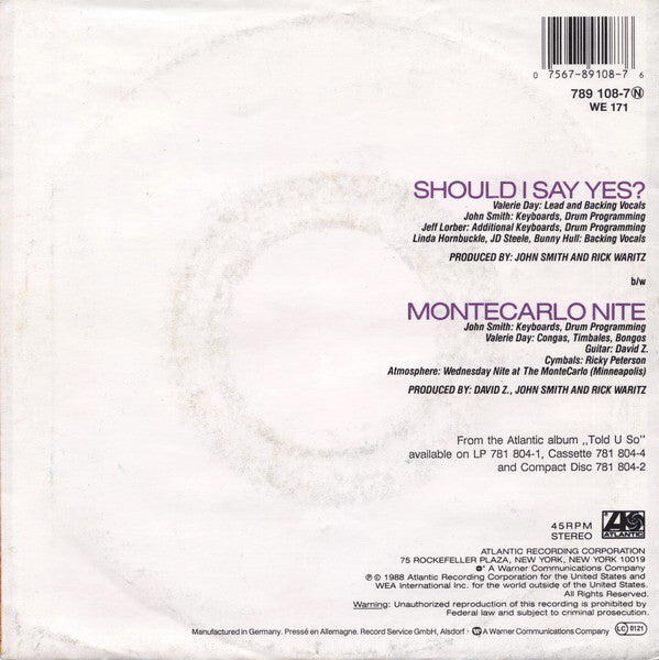 Nu Shooz : Should I Say Yes? (7", Single)