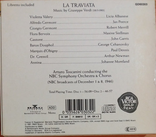 Giuseppe Verdi, Licia Albanese • Jan Peerce • Robert Merrill, Arturo Toscanini, NBC Symphony Orchestra And NBC Symphony Chorus : La Traviata (2xCD, Album, Mono, RE, RM + Box)