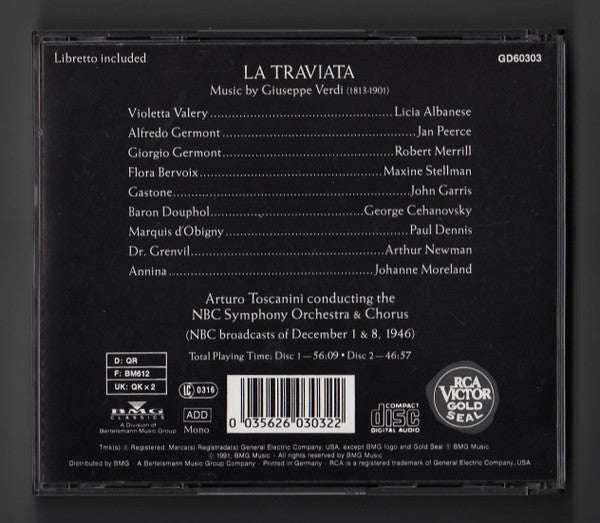 Giuseppe Verdi, Licia Albanese • Jan Peerce • Robert Merrill, Arturo Toscanini, NBC Symphony Orchestra And NBC Symphony Chorus : La Traviata (2xCD, Album, Mono, RE, RM + Box)