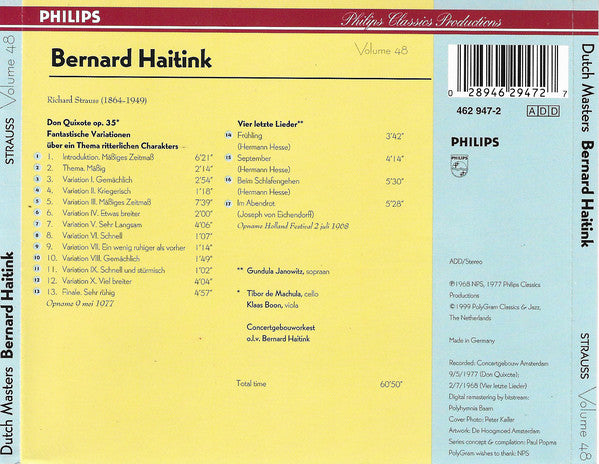 Bernard Haitink, Concertgebouworkest, Richard Strauss : Don Quixote Op. 35 / Vier Letzte Lieder (CD, Comp)