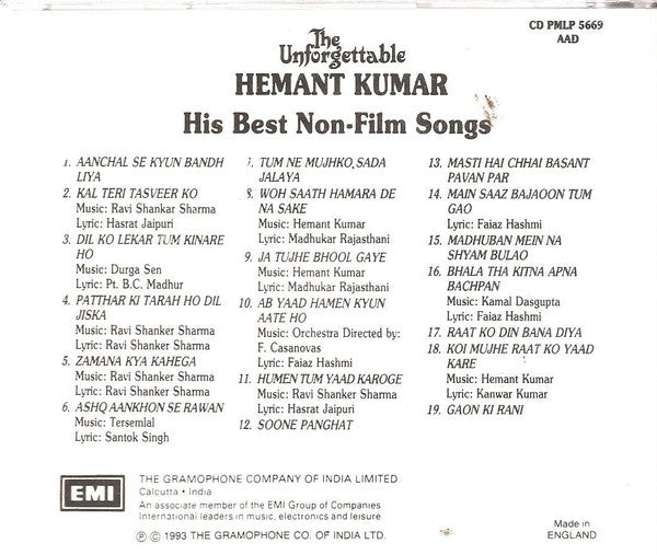 Hemant Kumar : The Unforgettable Hemant Kumar (His Best Non-Film Songs) (CD, Comp)