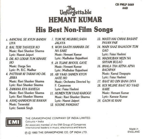 Hemant Kumar : The Unforgettable Hemant Kumar (His Best Non-Film Songs) (CD, Comp)