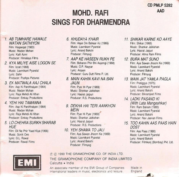 Mohammed Rafi : Sings For Dharmendra (CD, Comp)
