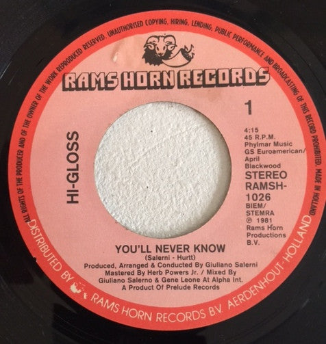 Hi-Gloss : You'll Never Know (7", Single)