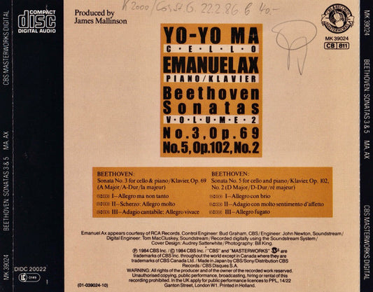 Yo-Yo Ma, Emanuel Ax, Ludwig Van Beethoven : Sonatas Volume 2 (No. 3, Op. 69 / No. 5 Op. 102,  No. 2) (CD, Album)