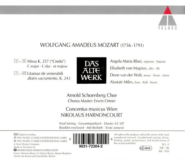 Wolfgang Amadeus Mozart, Angela Maria Blasi, Elisabeth Von Magnus, Deon van der Walt, Alastair Miles, Arnold Schoenberg Chor, Concentus Musicus Wien, Nikolaus Harnoncourt : Missa "Credo" K. 257 - Litaniae de Venerabili Altaris Sacramento K. 243 (CD, Album)