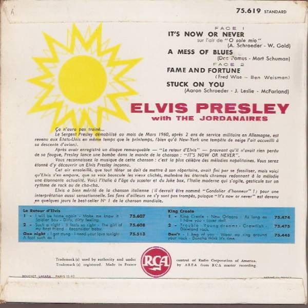 Elvis Presley : It's Now Or Never (7", EP, Mono, RP, Yel)