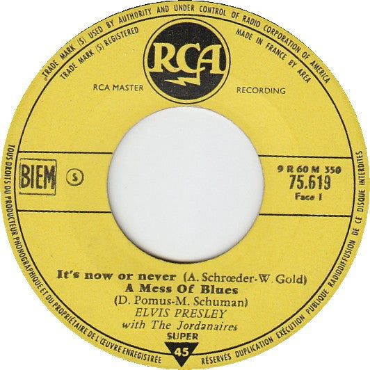 Elvis Presley : It's Now Or Never (7", EP, Mono, RP, Yel)