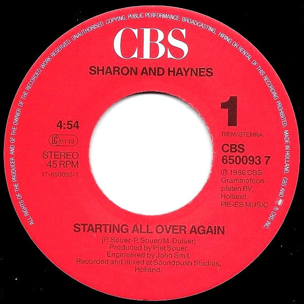 Sharon And Haynes : Starting All Over Again (7", Single)