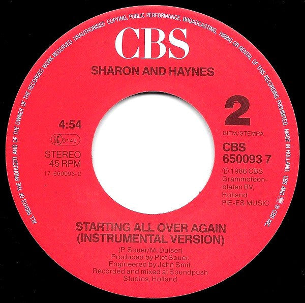 Sharon And Haynes : Starting All Over Again (7", Single)