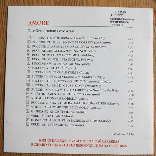 Various : Amore (The Great Italian Love Arias) (CD, Album, Comp, Mono, RE)