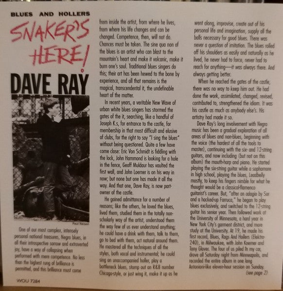 Dave Ray : Snaker's Here! (Blues And Hollers) (CD, Album, RE)