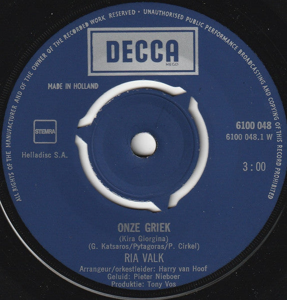 Ria Valk : Onze Griek (7", Single)