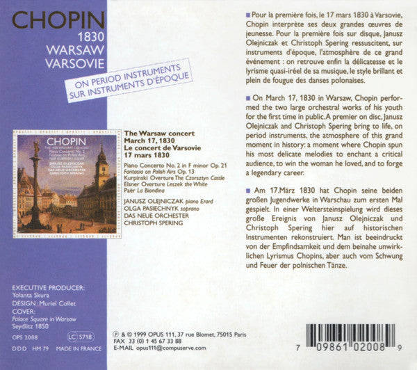 Frédéric Chopin, Ferdinando Paer, Karol Kurpiński, Józef Elsner - Janusz Olejniczak, Olga Pasichnyk, Das Neue Orchester, Christoph Spering : The 1930 Warsaw Concert - Piano Concerto No. 2, Fantasia On Polish Airs (CD, Album, Sli)