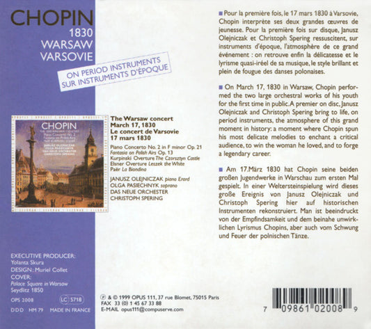 Frédéric Chopin, Ferdinando Paer, Karol Kurpiński, Józef Elsner - Janusz Olejniczak, Olga Pasichnyk, Das Neue Orchester, Christoph Spering : The 1930 Warsaw Concert - Piano Concerto No. 2, Fantasia On Polish Airs (CD, Album, Sli)