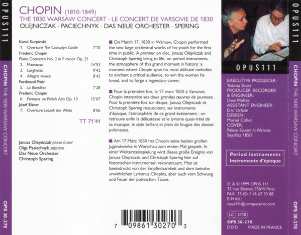 Frédéric Chopin, Ferdinando Paer, Karol Kurpiński, Józef Elsner - Janusz Olejniczak, Olga Pasichnyk, Das Neue Orchester, Christoph Spering : The 1930 Warsaw Concert - Piano Concerto No. 2, Fantasia On Polish Airs (CD, Album, Sli)