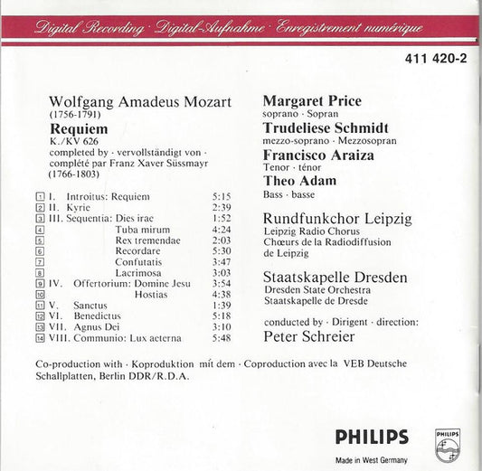 Wolfgang Amadeus Mozart / Margaret Price, Trudeliese Schmidt, Francisco Araiza, Theo Adam ; Rundfunkchor Leipzig & Staatskapelle Dresden, Peter Schreier : Requiem (CD, Album, RE)