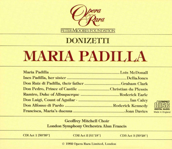 Gaetano Donizetti / Lois McDonall, Christian Du Plessis, Della Jones, Graham Clark (2), Ian Caley, Roderick Earle, Roderick Kennedy, Joan Davies (2), London Symphony Orchestra, Alun Francis : Maria Padilla (3xCD, Album, RE + Box)