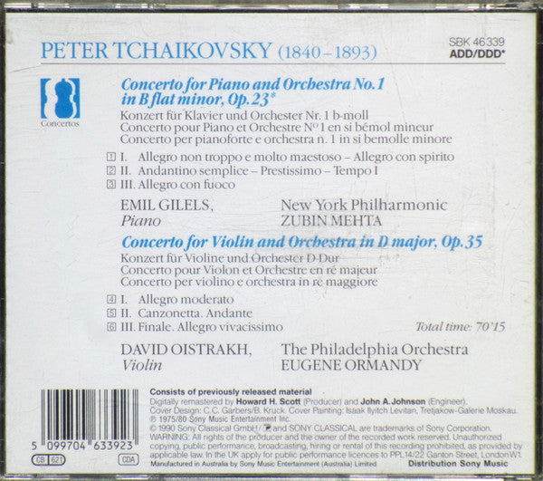 Pyotr Ilyich Tchaikovsky - Emil Gilels • Zubin Mehta • David Oistrach • Eugene Ormandy : Piano Concerto = Klavierkonzert No. 1 / Violin Concerto (CD, Comp, RM)