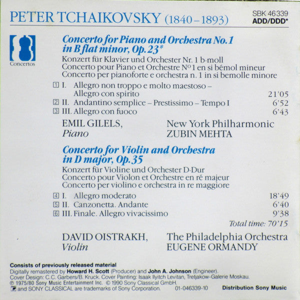 Pyotr Ilyich Tchaikovsky - Emil Gilels • Zubin Mehta • David Oistrach • Eugene Ormandy : Piano Concerto = Klavierkonzert No. 1 / Violin Concerto (CD, Comp, RM)