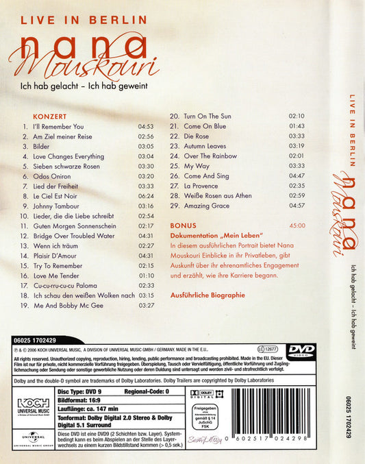 Nana Mouskouri : Live In Berlin (Ich Hab Gelacht - Ich Hab Geweint) (DVD-V)