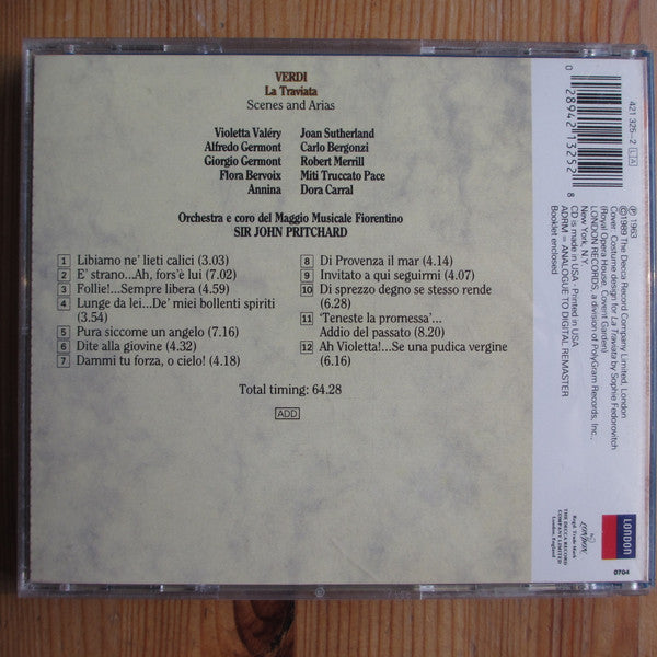 Giuseppe Verdi, Joan Sutherland, Carlo Bergonzi, Robert Merrill, John Pritchard : La Traviata - Scenes And Arias (CD, RM, RP)