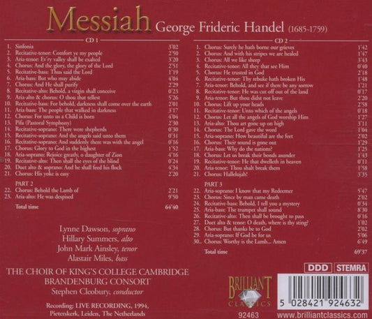 Georg Friedrich Händel - Lynne Dawson · Hilary Summers · John Mark Ainsley · Alastair Miles · The King's College Choir Of Cambridge · Brandenburg Consort · Stephen Cleobury : Messiah (2xCD, Album, RE)