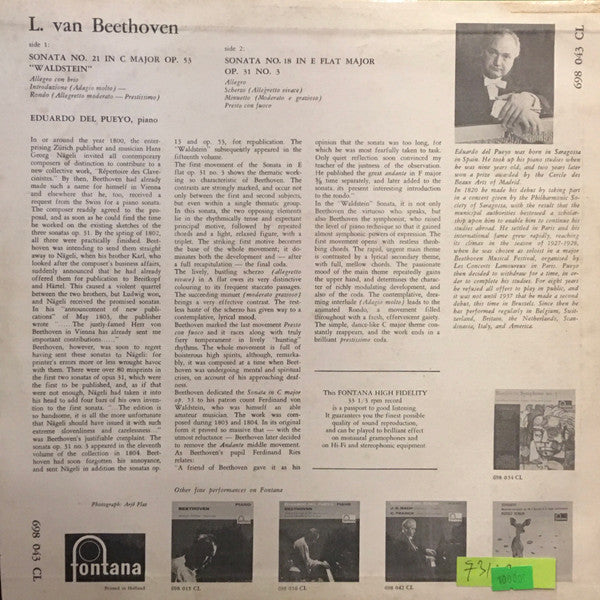Ludwig van Beethoven, Eduardo Del Pueyo : Sonata C Major Op. 53 "Waldstein" / Sonata E Flat Major Op. 31 No. 3 (LP)