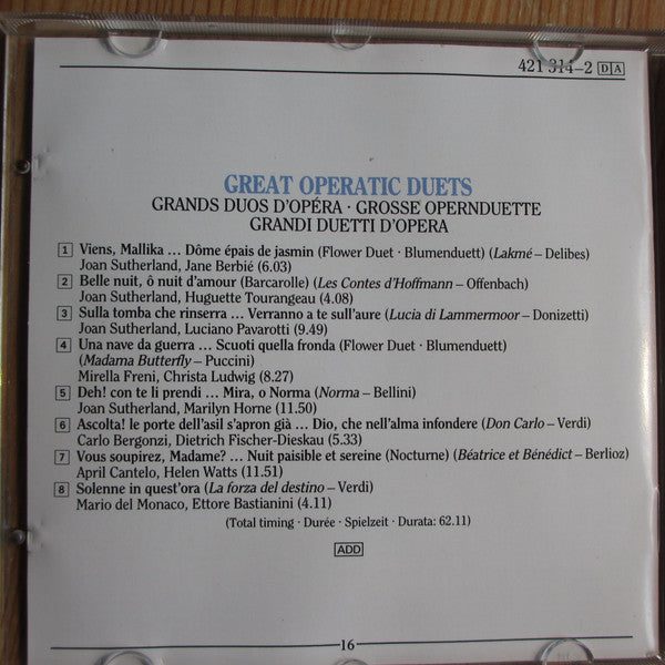 Joan Sutherland, Luciano Pavarotti, Mirella Freni, Marilyn Horne : Great Operatic Duets (CD, Comp, RM, ADR)