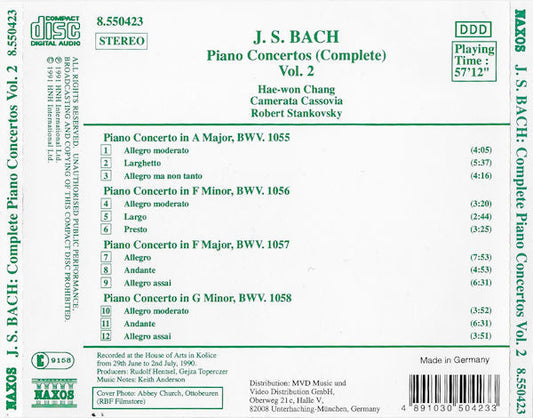 Johann Sebastian Bach, Hae-won Chang, Camerata Cassovia, Robert Stankovsky : Piano Concertos (Complete) Vol. 2 BWV 1055 - 1058 (CD, Album)