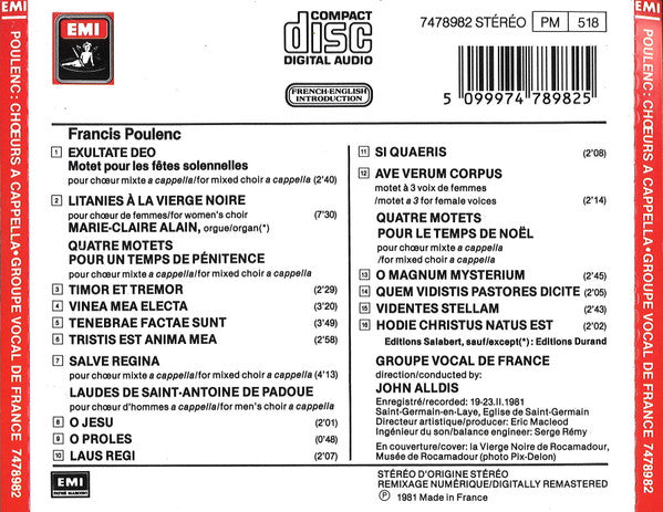 Francis Poulenc, Groupe Vocal De France, John Alldis, Marie-Claire Alain : Chœurs A Cappella (CD, RM)